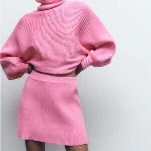 Zara Pink High Neck Sweater Skirt Set